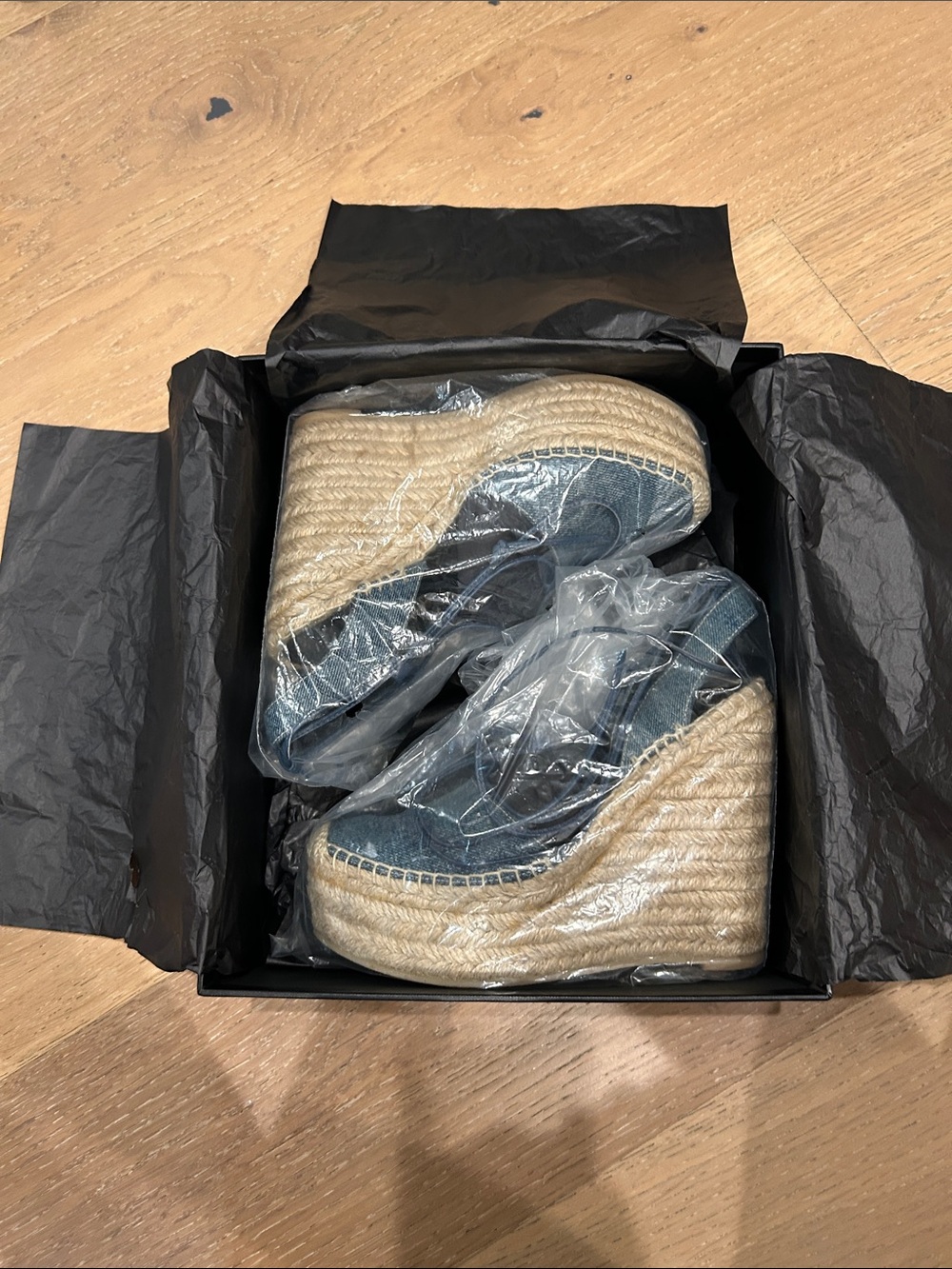 Saint Laurent Denim Espadrille Wedges in Blue with Jute Platform - Picture 10 of 12